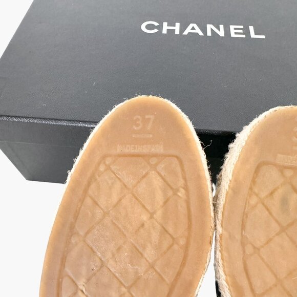 Chanel CC Espadrille Mule Flats EU 37 US 6-6.5 Black Leather Cap Toe Slide - Picture 11 of 13